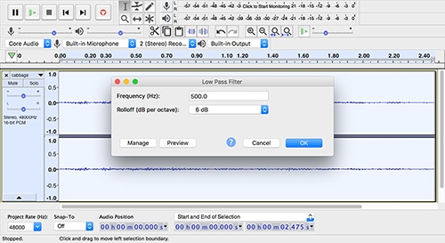 A screenshot of Audacity showing an audio file being edited