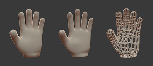 A blocky CGI hand, a smooth CGI hand, and a CGI hand rendered with a webby appearence