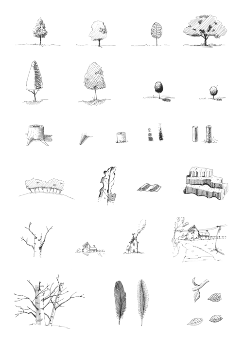 Pen and ink sketches of trees and buildings