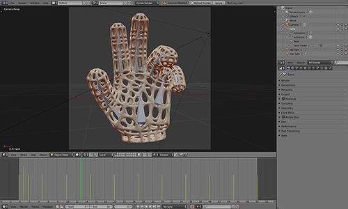 A screenshot of Blender showing a CGI hand rigged for animation