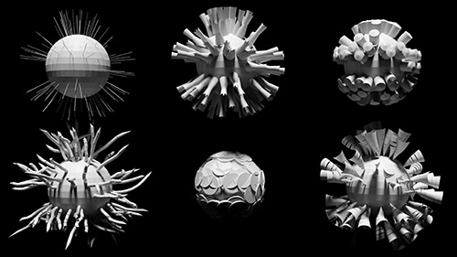 Six spheres with different kinds of CGI hairs coming out of them