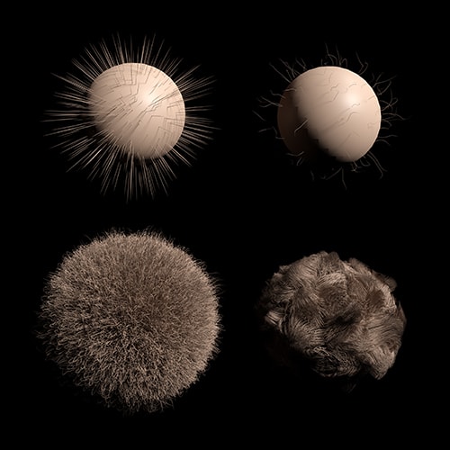 Four spheres. The top two have a few sparse hairs coming out of them, the bottom two have many natural looking hairs coming out of them