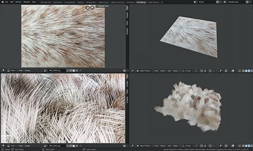 Screenshot showing four stages of growing hairs inside Blender