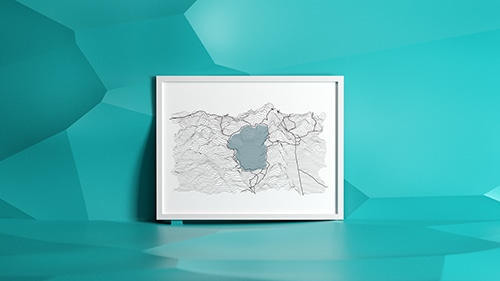 A map in a picture frame sitting in a futuristic blue room