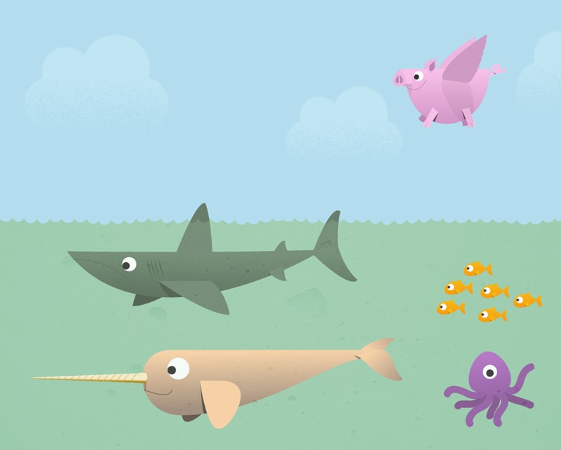 Cartoon illustration of a shark, a narwhal, an octopus, some fish, and a flying pig