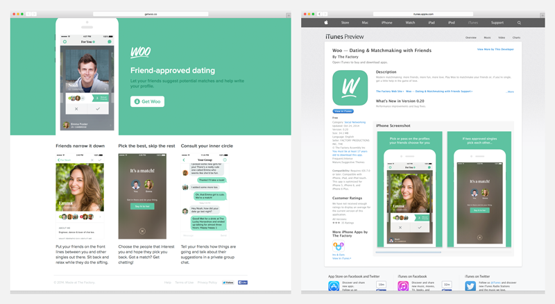 A screenshot of the Woo website, and another of the Woo app on the Apple App Store