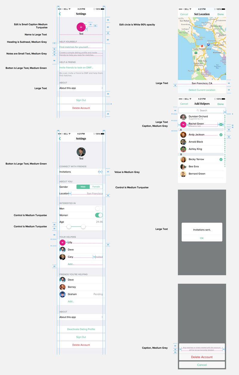 Samples of the design specs for the Woo app