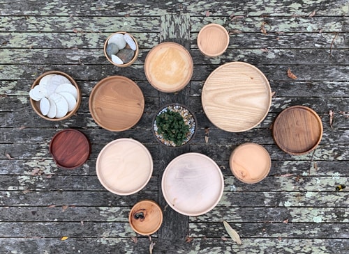 Twelve circular wooden dishes on an old table with a plant in the center